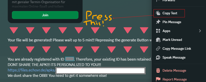 Personal APK thread message with Copy Text highlighted for copying the download link