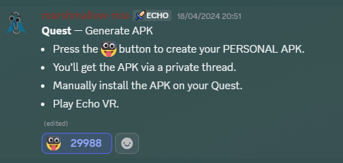 Quest Generate APK Discord message with the reaction used to request a personal APK